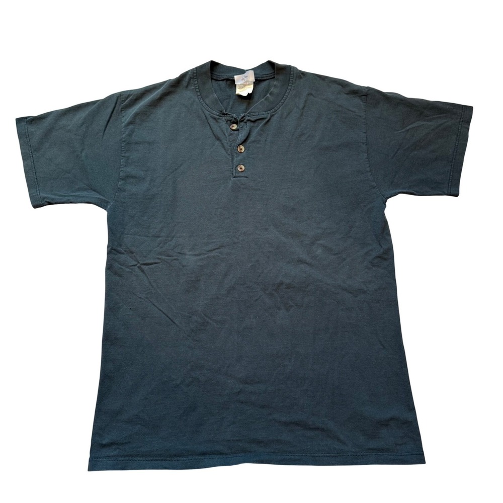 Vintage 90s Jerzees Henley Shirt Size L Cotton Black Distressed Grunge Skater